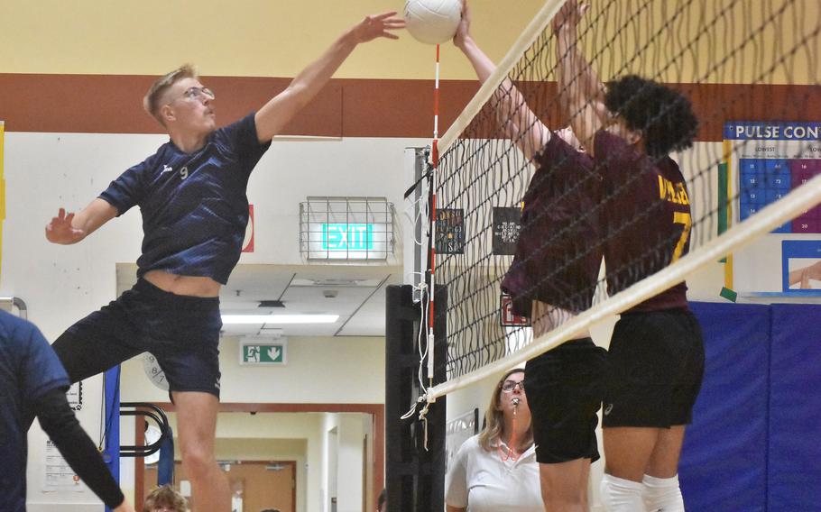 Black Forest Academy’s Barney Sivonen, a senior from Jyvaskyla, Finland, tried to push the ball over the net on Thursday, Oct. 26, 2023, but a Vilseck block sent it back for a point in the DODEA-Europe boys volleyball championships.