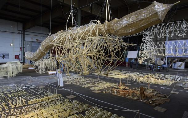Dutch artist Theo Jansen's 'strandbeesten' or Beach Beasts, wind-powered creatures made from yellow plastic tubes, are displayed June 5 during an exhibit in Delft, Netherlands. The life and death cycle of these famous animals — formed mostly out of PVC pipes — has left behind an impressive fossil record, which is on display at the exhibition.
