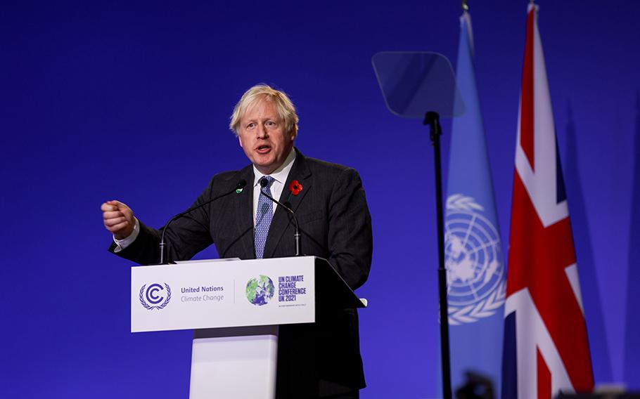 Boris Johnson delivers a speech during the COP26 climate talks in Glasgow in 2021. 