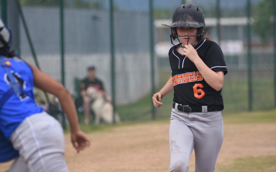 Spangdahlem’s Sandrine Bennett comes into score during a first-round game Thursday, May 19, 2022, against Rota in the DODEA-Europe softball tournament at Kaiserslautern High School in Germany. Spangdahlem went on to win 16-12.