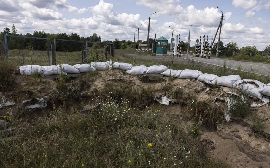A position reinforced with sandbags at the Ukrainian border crossing to Belarus in Slavutych, Ukraine, on July 21, 2023. 
