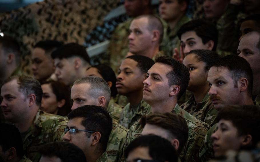 Airmen in the audience watch as the 435th Air Expeditionary Wing undergoes inactivation and the 406th Air Expeditionary Wing is activated at Ramstein Air Base, Germany, on June 9, 2023.