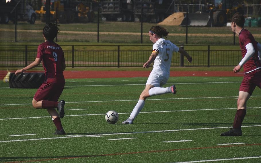 Ramstein Royals captain Benjamin Brewster breaks the Lakenheath Lancer defense and takes a shot on goal in a game played Saturday, April 16, 2022.