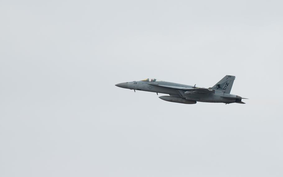 A U.S. Navy F/A-18 Super Hornet takes off for a Weapons System Evaluation Program training flight at Tyndall Air Force Base, Fla, Feb. 19, 2021.