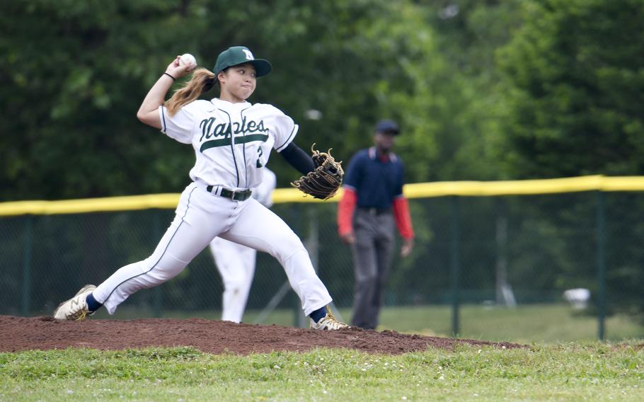 Naples pitcher Ella Grace throws during a 2024 DODEA European baseball tournament game against Spangdahlem on May 22, 2024, at Southside Fitness Center on Ramstein Air Base, Germany.