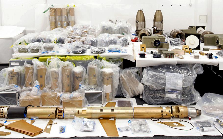 Iranian missiles and other weapons seized by the British navy ship HMS Montrose in February 2022. The U.K. announced the seizure July 7, citing a need to clarify several facts and inspect the weapons through United Nations channels before making it public. 
