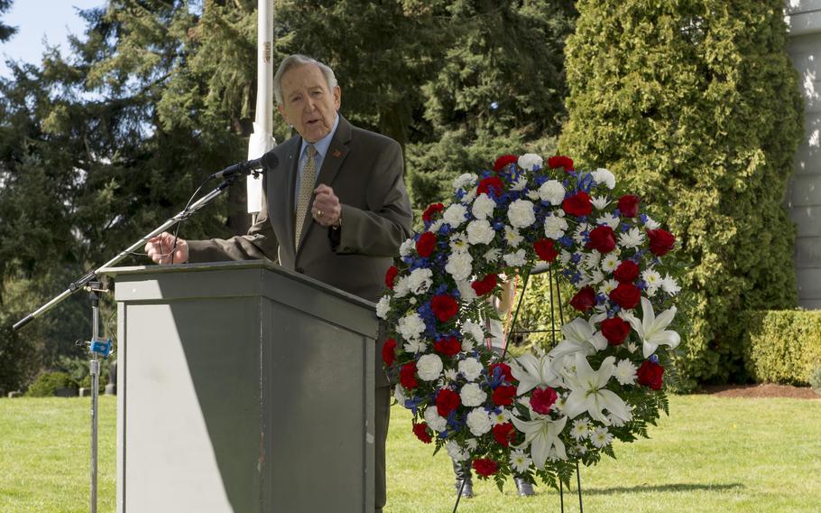 Thomas B. Hayward, the 21st chief of naval operations, speaks during a funeral service for Chief Watertender Emil Fredreksen, Medal of Honor recipient, at Washelli Veterans Memorial Cemetery in Seattle on March 25, 2015.
