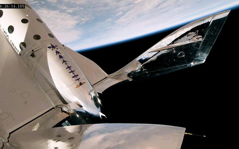 Virgin Galactic flew six people — a crew of four and two pilots — just past the edge of space Thursday, May 25, 2023, in its first suborbital test flight since Richard Branson boarded the company’s spaceplane two years ago.