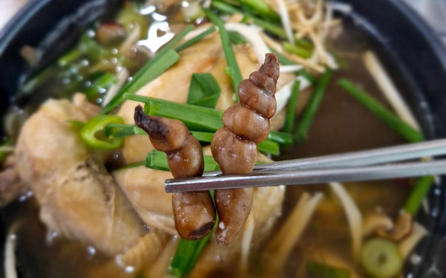 Palace Black Hoof Mushroom Samgyetang uses a broth enriched by 16 medicinal ingredients, including stachys affinis, also known as Chinese artichoke. 