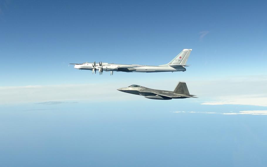 A North American Aerospace Defense Command F-22 Raptor intercepts a Russian Tu-95 Bear bomber over international waters off the coast of Alaska in 2020. Harvard University nuclear deterrence expert Francesca Giovannini says NATO and the U.S. are making too many assumptions when it comes to adversaries' willingness to fight a nuclear war. 