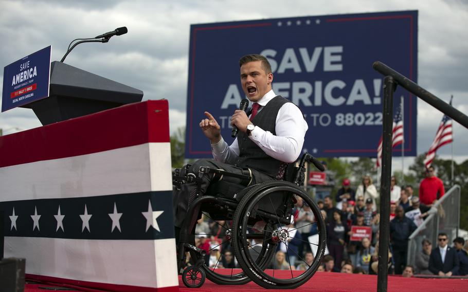 U.S. Rep. Madison Cawthorn, R-N.C., speaks before a rally for former President Donald Trump on April 9, 2022, in Selma, N.C.