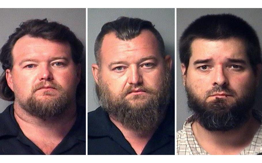 Police booking photos show from left: Michael Null., William Null and Eric Molitor. All three were acquitted of terrorism and weapons charges related to a 2020 plot to kidnap Michigan Gov. Gretchen Whitmer.