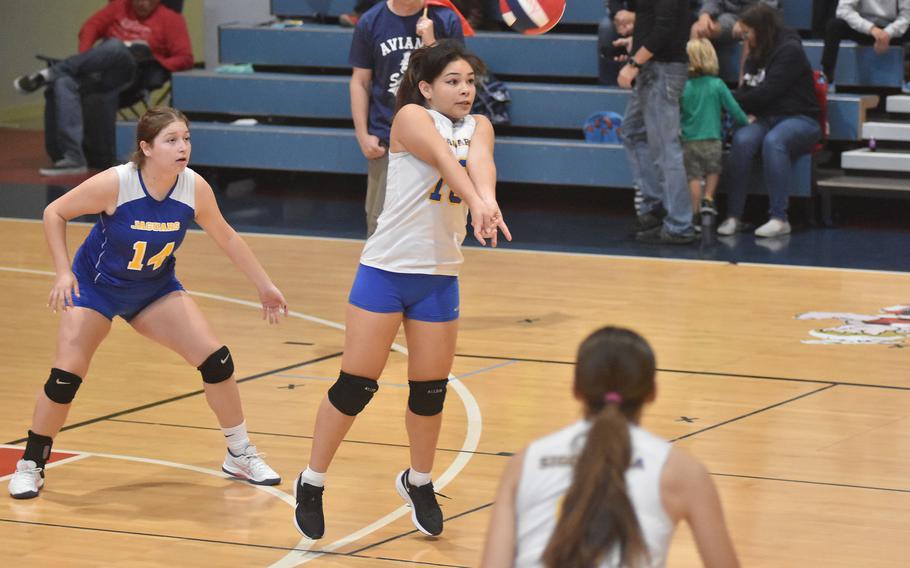 Sigonella’s Marley McElree bumps the ball to start the Jaguars’ attack on Saturday, Sept. 17, 2022, in a match against the Aviano Saints.