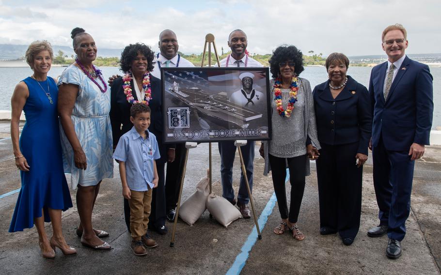 Thomas Modly, right, the acting Navy secretary at the time, poses with the family of Doris Miller after the unveiling of the new Ford-class aircraft carrier USS Doris Miller at a Dr. Martin Luther King Jr. Day celebration in 2020 at Joint Base Pearl Harbor-Hickam, Hawaii. 