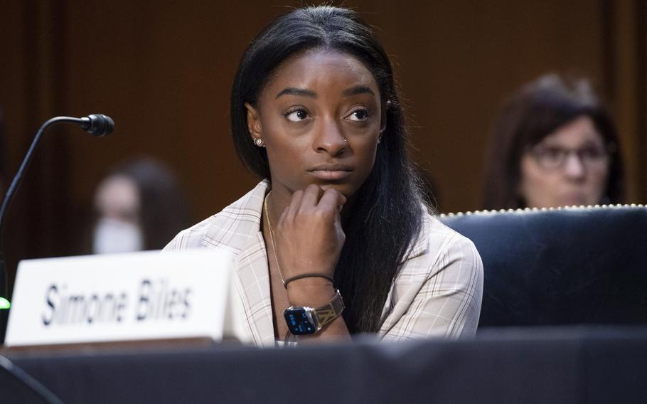 United States Olympic gymnast Simone Biles testifies on Capitol Hill in Washington on Wednesday, Sept. 15, 2021, during a Senate Judiciary hearing about the Inspector General's report on the FBI's handling of the Larry Nassar investigation. Nassar was charged in 2016 with federal child pornography offenses and sexual abuse charges in Michigan.
