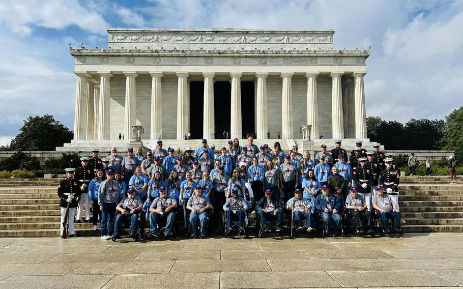 A group of veterans on an Honor Flight from Lyon County, Kan., visits the Lincoln Memorial in Washington, D.C., on Monday, Oct. 31, 2022.