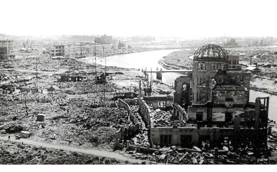 A structure surrounded by destruction is seen in Hiroshima, Japan, after the United States dropped an atomic bomb on the city on Aug. 6, 1945 in the closing days of World War II. 