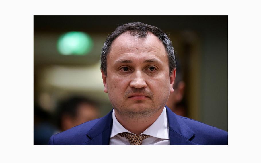 Ukraine’s Minister of Agrarian Policy and Food, Mykola Solskyi arrives for the Agriculture and Fisheries Council at the EU headquarters in Brussels, on May 30, 2023. 