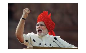 FILE- Indian Prime Minister Narendra Modi addresses the nation on the country's Independence Day in New Delhi, India, Aug. 15, 2014. Modi is campaigning for a third term in the general election starting Friday. (AP Photo/Saurabh Das, File)