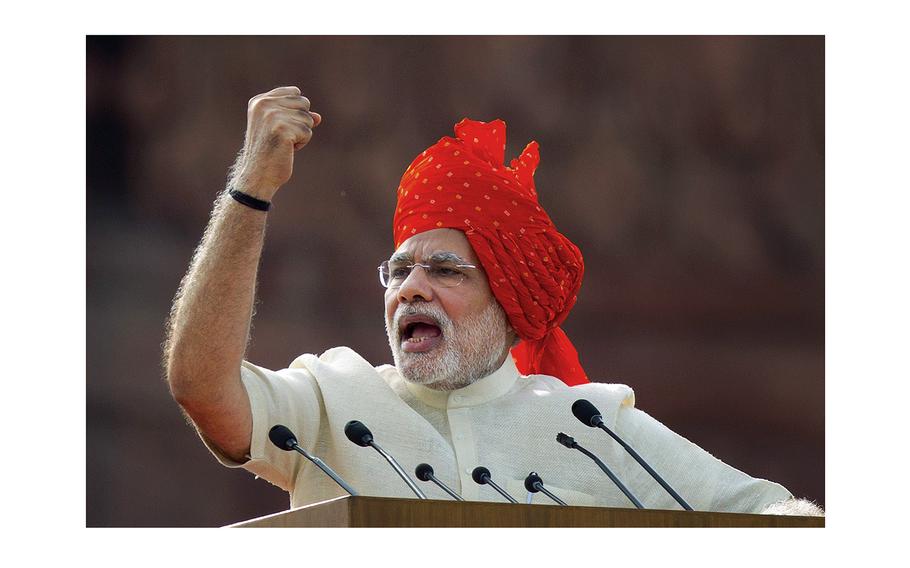 Indian Prime Minister Narendra Modi addresses the nation on the country’s Independence Day in New Delhi, India, Aug. 15, 2014. Modi is campaigning for a third term in the general election starting Friday. 