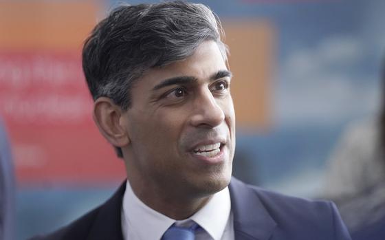Britain's Prime Minister Rishi Sunak attends a visit to an engineering firm in Barrow-in-Furness, England, Monday, March 25, 2024. (Danny Lawson/PA via AP)