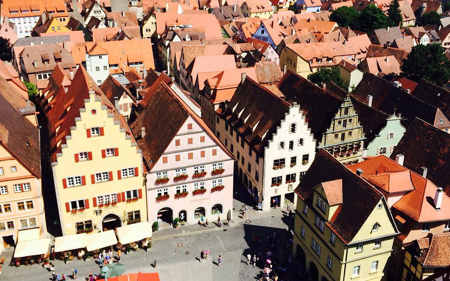Rothenburg ob der Tauber’s historic old town as seen from its City Hall tower. Bombed in late March 1945 by the Allies, the town was spared from destruction when John McCloy, the U. S. assistant secretary of war, talked Gen. Jacob Devers, commander of the 6th Army Group, into calling off a bombardment of the town and negotiating its surrender.
