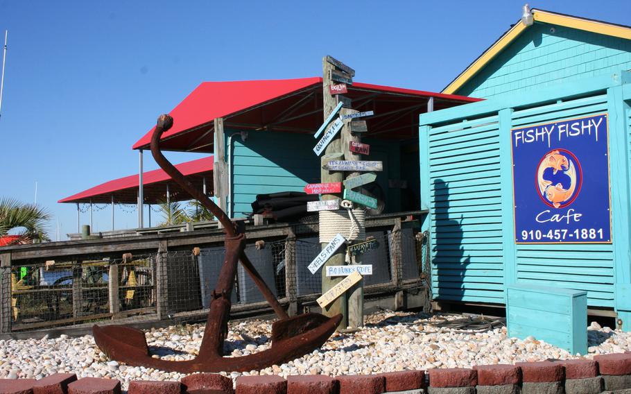 Plenty of seafood restaurants dot the Brunswick Islands and are often painted in bright eye-catching color. Fishy Fishy in Southport, N.C., has a bonus: It overlooks the water and offers spectacular views. 