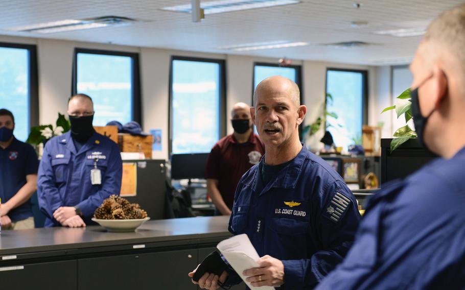 Adm. Charles Ray, then-Vice Commandant of the Coast Guard speaks to the crew of Coast Guard Sector Juneau, Feb. 3, 2021. Ray has resigned from the Coast Guard Academy’s Loy Institute for Leadership over his connection to the cover-up of an internal investigation into sexual misconduct at the academy.