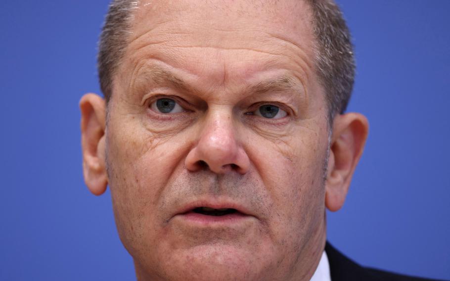 Olaf Scholz during a news conference in Berlin on May 12, 2021.