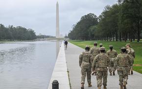 U.S. Army Soldiers from the District of Columbia National Guard, activated in support of D.C. Safe and Beautiful Task Force, at the National Mall, Washington, D.C., Aug. 18, 2025. President Donald J. Trump activated the D.C. National Guard under Title 32 to assist Federal and Washington, D.C. law enforcement within the nation’s capital, Aug. 11, 2025. (U.S. Army photo by Nina Cortez)