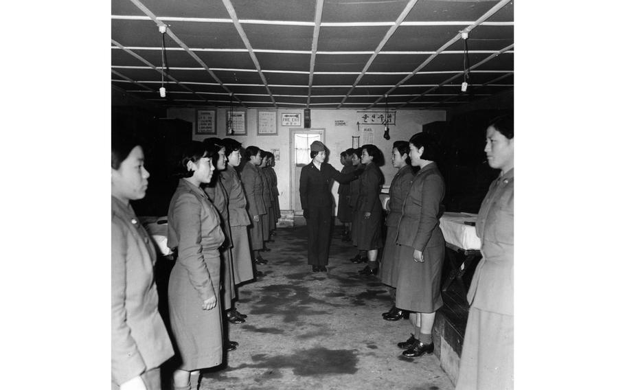 1st Lt. Seuk Yun Yoo, commander of the 1st Company conducts a barracks inspection of the WAC recruits’ quarters. 