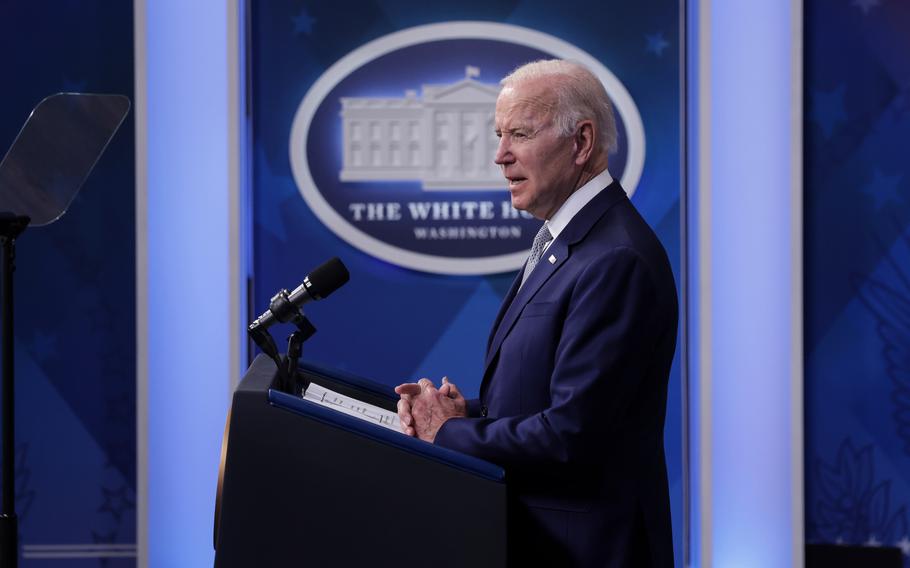 President Joe Biden speaks in the Eisenhower Executive Office Building in May.