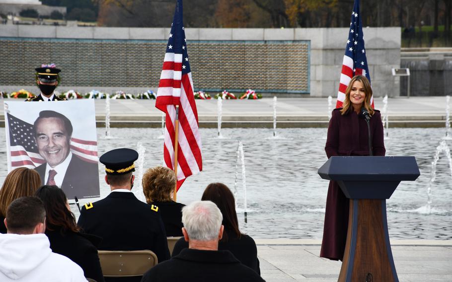 Today Show host Savannah Guthrie speaks at the public remembrance for Sen. Bob Dole at the National World War II Memorial on Friday, Dec. 10, 2021. 