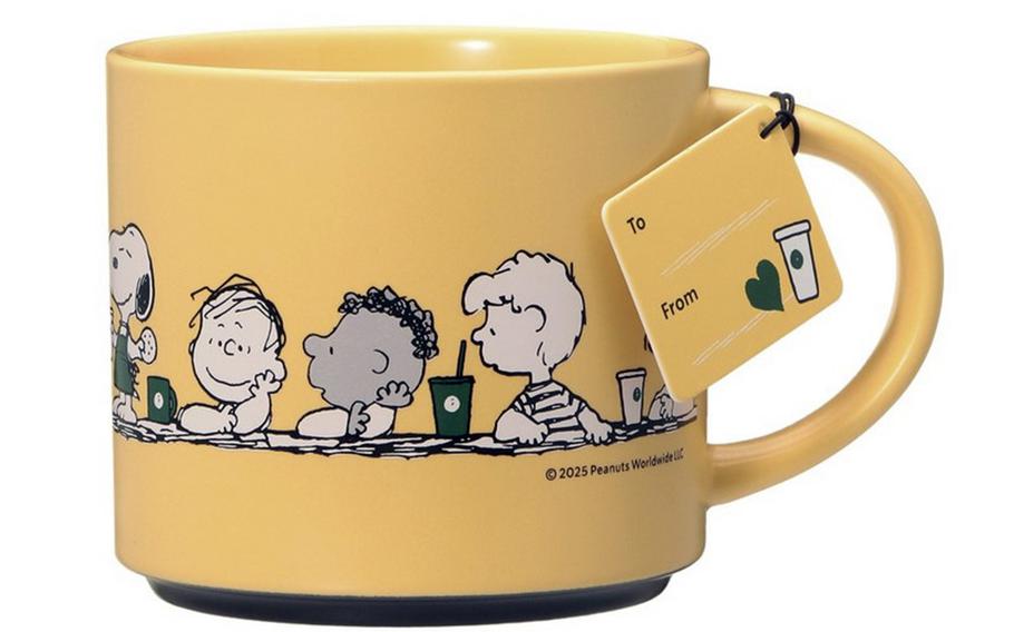 Snoopy and friends adorn a variety of Starbucks merchandise, including a frozen coffee beverage, sweets, drinkware, gift cards, T-shirts and hats.