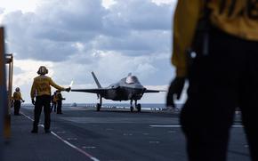 A U.S. Marine Corps F-35B Lightning II aircraft assigned to Marine Fighter Attack Squadron (VMFA) 242, 31st Marine Expeditionary Unit, prepares to take-off during flight operations aboard the amphibious assault ship USS America (LHA 6), in the Coral Sea, June 19, 2025. Marine F-35Bs bring a 5th generation multi-discipline strike capability to support combined-joint all domain operations in key maritime terrain. The 31st MEU is operating aboard ships of the USS America Amphibious Ready Group in the 7th Fleet area of operations, the U.S. Navy’s largest forward deployed numbered fleet, and routinely interacts and operates with allies and partners in preserving a free and open Indo-Pacific region. (U.S. Marine Corps photo by Lance Cpl. Gerardo Mendez)