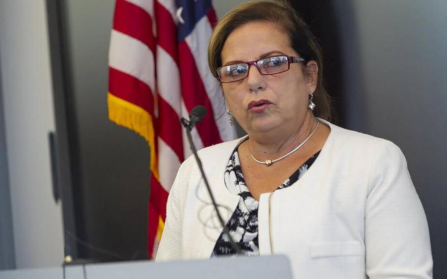 Cuban doctor Ramona Matos speaks during a news conference in Doral, Florida, announcing a federal lawsuit against the Pan American Health Organization for its alleged role in trafficking thousands of Cuban doctors and other health care professionals.