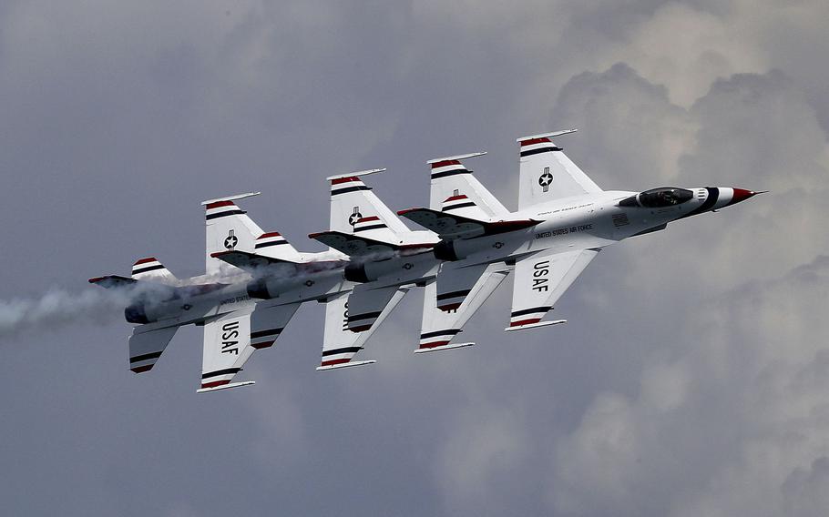 The U.S. Air Force Thunderbirds fly the F-16 Fighting Falcon during the Fort Lauderdale Air Show on Saturday, April 30, 2022.