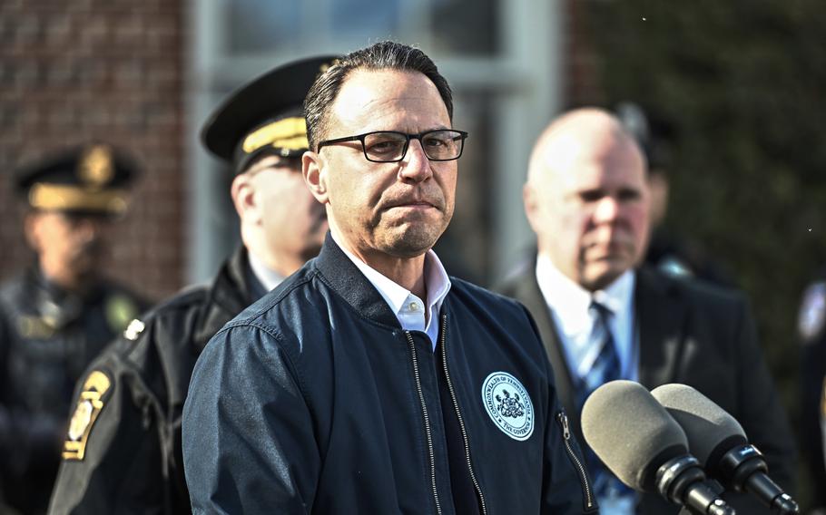 Pennsylvania Gov. Josh Shapiro pauses during a news conference.
