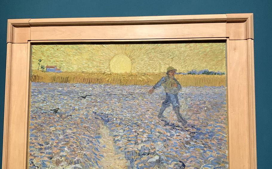 Vincent Van Gogh's "The Sower" is on display at Palazzo Bonaparte's exhibition of the artist's work in Rome, Saturday, Oct. 22, 2022. The painting recently was targeted by protesters who threw soup on it to protest climate change. 