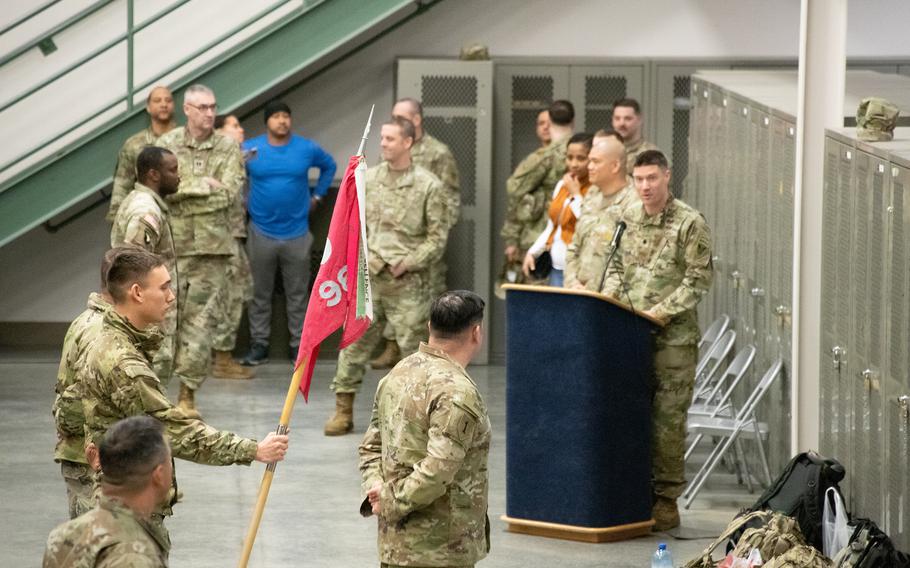 Lt. Col. Gavin Laskowski, commander of the 17th Combat Sustainment Support Battalion (CSSB), welcomes the soldiers of the 98th Support Maintenance Company (SMC) on their return to Joint Base Elmendorf-Richardson, Alaska, after a nine-month deployment to Europe, Thursday, March 28, 2024. 