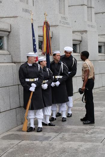 The Armed Forces Color Guard at the World War II Memorial on the National Mall in Washington, D.C., on Memorial Day, May 29, 2023.