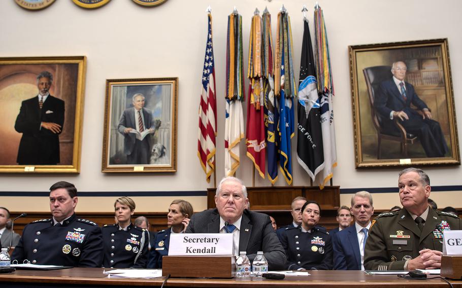 Witnesses appearing Thursday, Sept. 28, 2023, before the House Armed Services Committee testifying on the strategic basing process for the U.S. Space Command are from left: Space Force’s Chief of Space Operations Gen. Chance Saltzman; Secretary of the Air Force Frank Kendall III; and Space Command Commander Gen. James Dickinson.