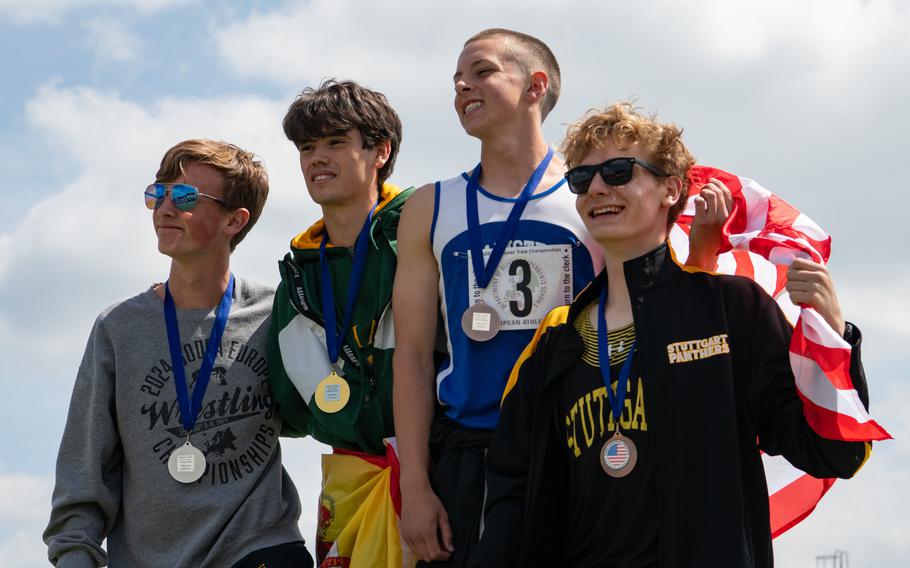 The winners of the boys 1600 meter run at the 2025 DODEA European Track and Field Championships, May 22, 2025. Mitchell Horrigan of Vicenza High School, 2nd place, left; Dario Delgado Vitores of SHAPE International High School, 1st place; Adden Lowe of Ramstein High School, 3rd place; Jackson Balfrey-Boyd of Stuttgart High School, 4th place.