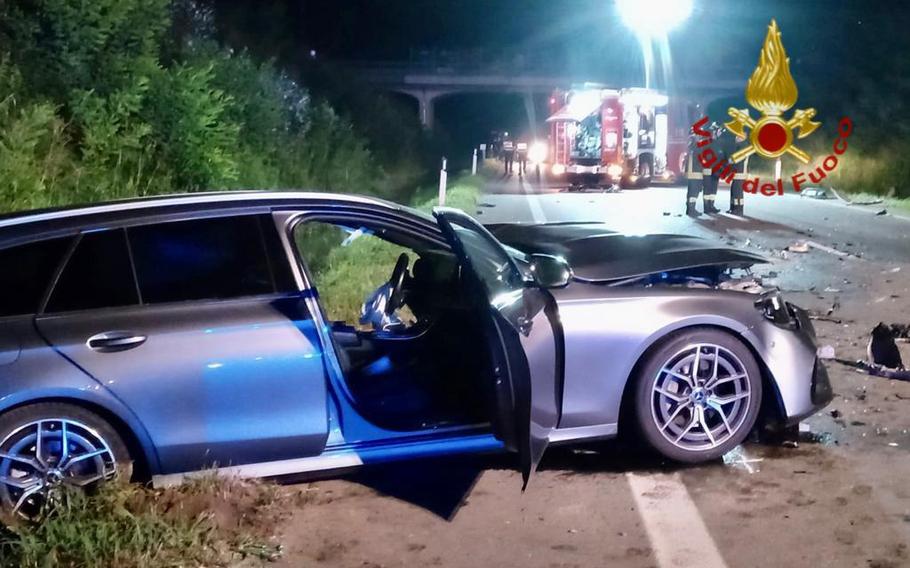 A Mercedes station wagon was involved in a collision Aug. 14, 2023, near Cittadella, Italy. The cause of the crash is still under investigation.