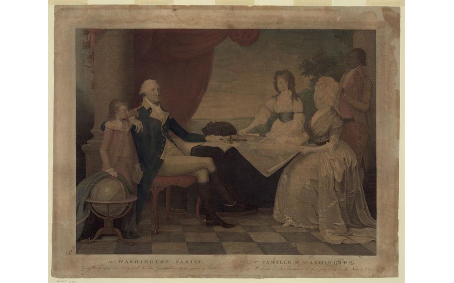 George Washington, Martha Washington and two of her grandchildren sit around a table. In the background at right stands William Lee, an enslaved servant to Washington. 
