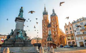 Kaiserslautern Outdoor Recreation plans a trip June 18-22 to  Krakow and Auschwitz in Poland. Shown: Old city center of Krakow with St. Mary’s Basilica in the background.