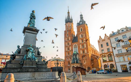 Kaiserslautern Outdoor Recreation plans a trip June 18-22 to  Krakow and Auschwitz in Poland. Shown: Old city center of Krakow with St. Mary’s Basilica in the background.