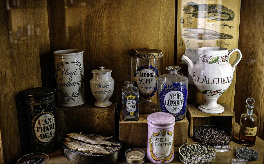 These items on display at the German Pharmacy Museum in Heidelberg, Germany, were made from animals or once held materials for use in medications. Those included animal fats, beewax, fish glue and small animals such as insects.