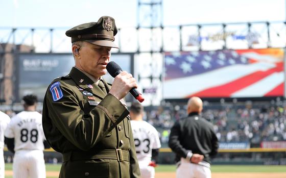 Country music star, Craig Morgan, performs the National Anthem at the Chicago White Sox opening day game versus the Detroit Tigers on March 28, 2024 at Guaranteed Rate Field. Morgan was honored, there, as the Hero of the Game. Morgan re-enlisted in the Army Reserve in 2023. The veteran Soldier, who served in Operation Just Cause in Panama, currently serves as an Army Reserve Assistant Bandmaster for the 313th Army Band, based in Redstone Arsenal, Alabama. 

(U.S. Army Reserve photo by Staff Sgt. David Lietz)