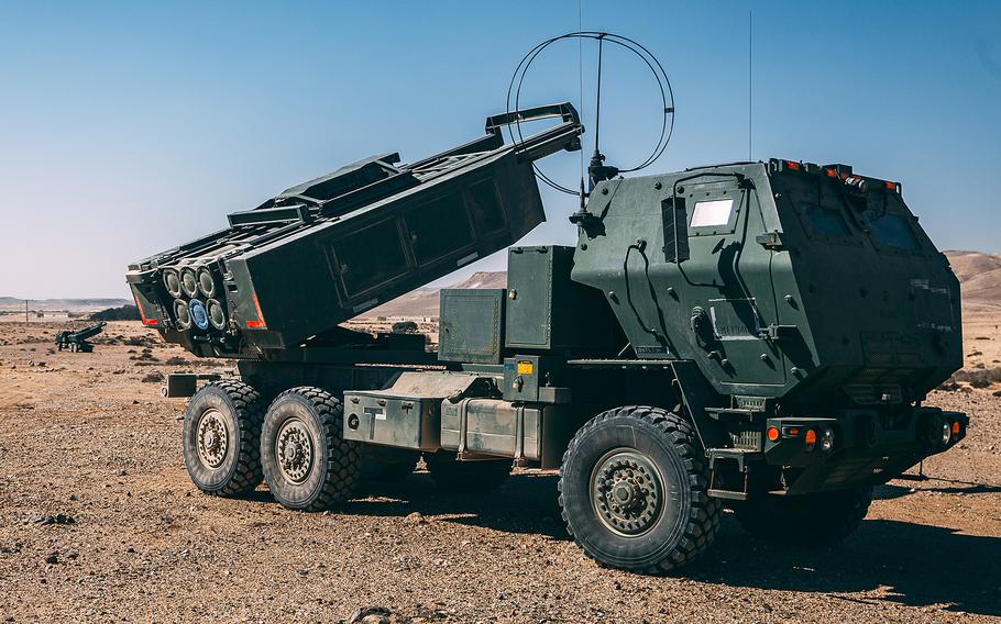 Marines test a High Mobility Artillery Rocket System during an an exercise in Israel in November 2021. American rocket systems are participating at Juniper Oak, a large scale exercise expected to begin live fire on Jan. 23, 2023.  